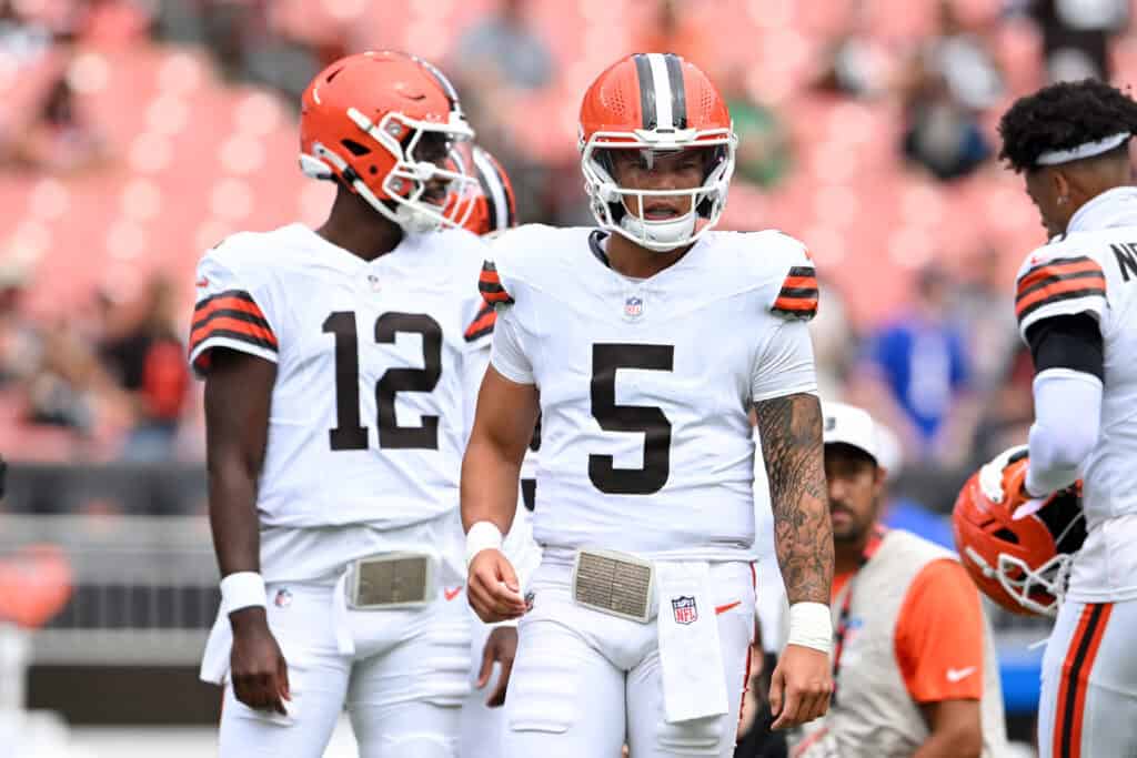 CLEVELAND, OHIO - AUGUST 23: Dillon Gabriel #5 and Shedeur Sanders #12 of the Cleveland Browns look on prior to an NFL Preseason 2025 game against the Los Angeles Rams at Huntington Bank Field on August 23, 2025 in Cleveland, Ohio