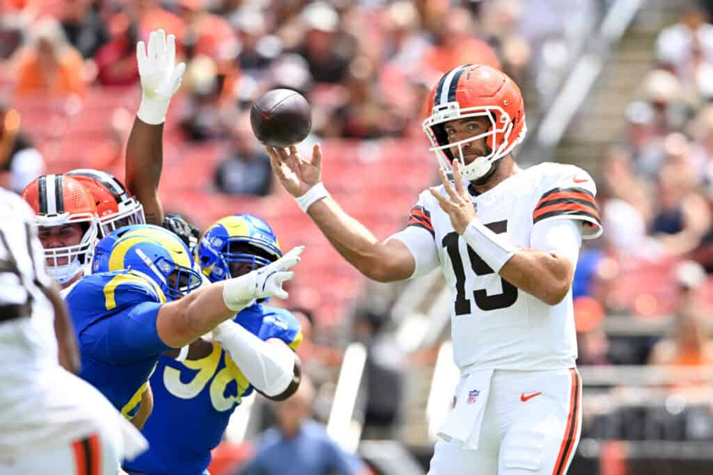 CLEVELAND, OHIO - AUGUST 23: Joe Flacco #15 of the Cleveland Browns throws a pass during the first quarter of an NFL Preseason 2025 game against the Los Angeles Rams at Huntington Bank Field on August 23, 2025 in Cleveland, Ohio.