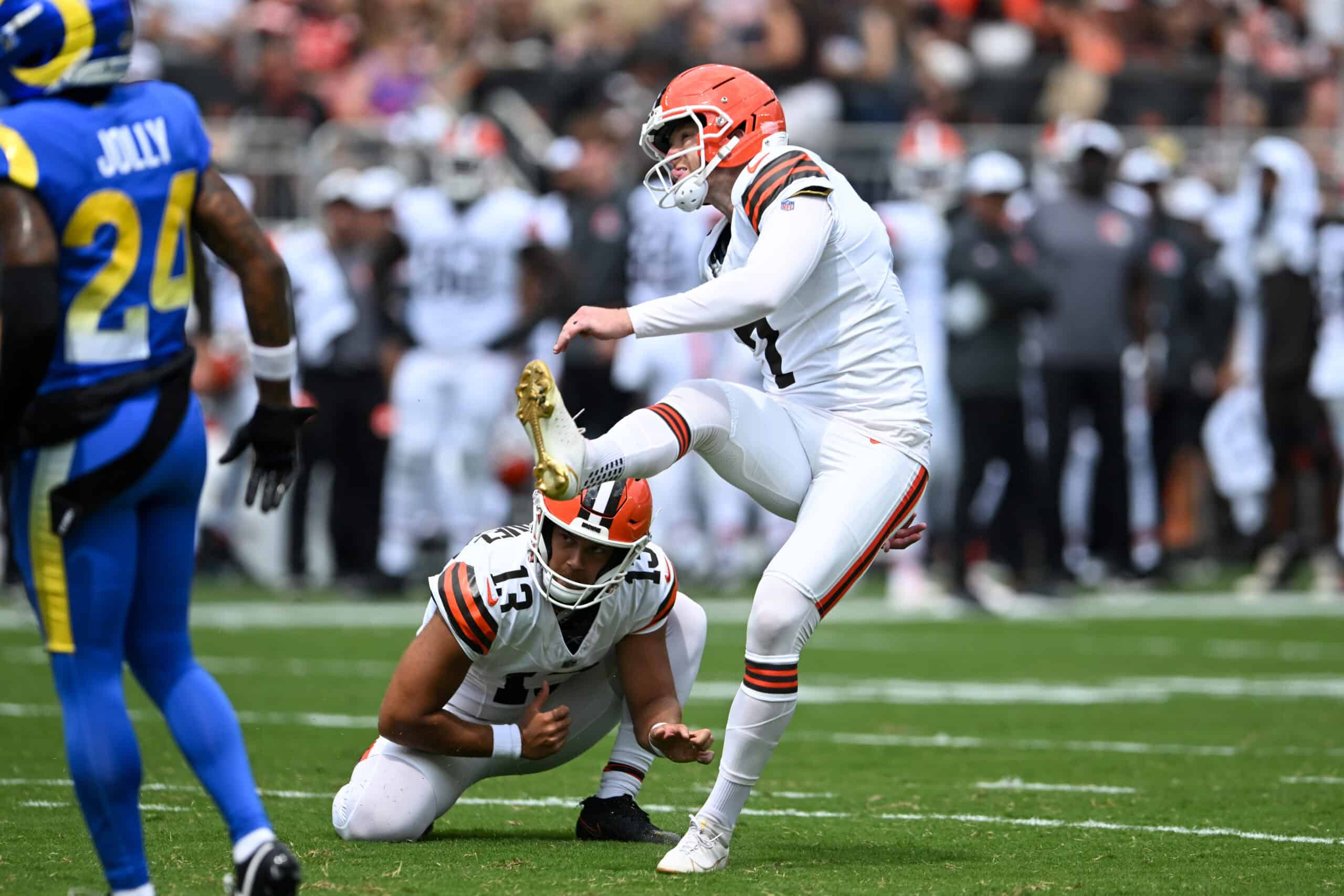 CLEVELAND, OHIO - AUGUST 23: Dustin Hopkins #7 of the Cleveland Browns kicks a field goal during the second quarter of an NFL Preseason 2025 game against the Los Angeles Rams at Huntington Bank Field on August 23, 2025 in Cleveland, Ohio.