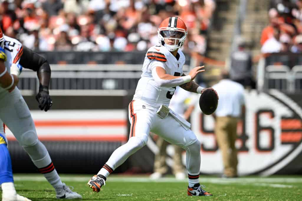 CLEVELAND, OHIO - AUGUST 23: Dillon Gabriel #5 of the Cleveland Browns throws a pass during the second quarter of an NFL Preseason 2025 game against the Los Angeles Rams at Huntington Bank Field on August 23, 2025 in Cleveland, Ohio.