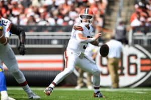 CLEVELAND, OHIO - AUGUST 23: Dillon Gabriel #5 of the Cleveland Browns throws a pass during the second quarter of an NFL Preseason 2025 game against the Los Angeles Rams at Huntington Bank Field on August 23, 2025 in Cleveland, Ohio.