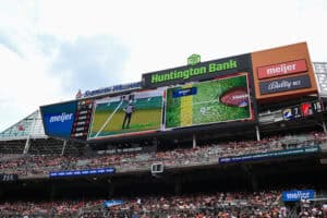 CLEVELAND, OHIO - AUGUST 23: A view of the scoreboard showing a virtual measurement during the third quarter of an NFL Preseason 2025 game between the Los Angeles Rams and the Cleveland Browns at Huntington Bank Field on August 23, 2025 in Cleveland, Ohio.