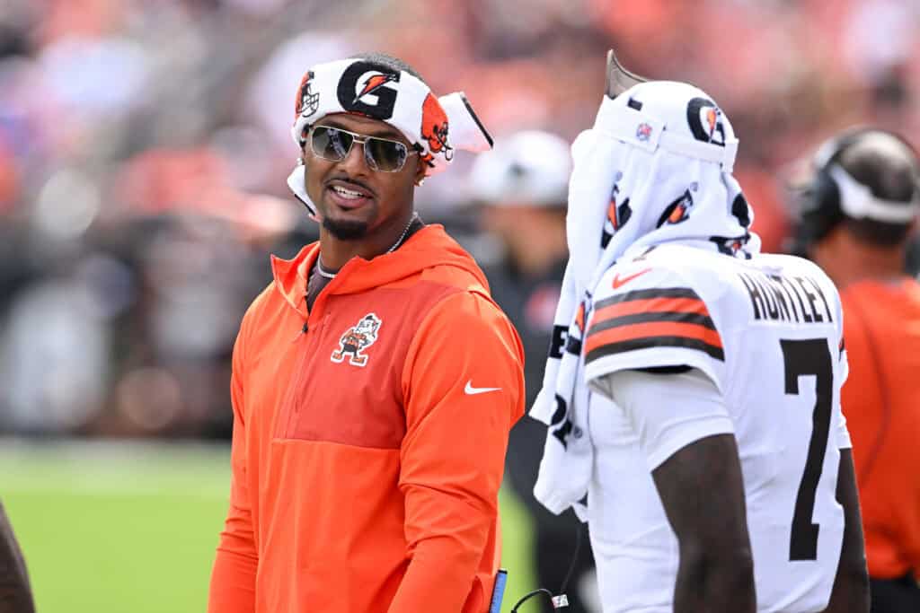 CLEVELAND, OHIO - AUGUST 23: Deshaun Watson #4 of the Cleveland Browns looks on during the third quarter of an NFL Preseason 2025 game against the Los Angeles Rams at Huntington Bank Field on August 23, 2025 in Cleveland, Ohio.
