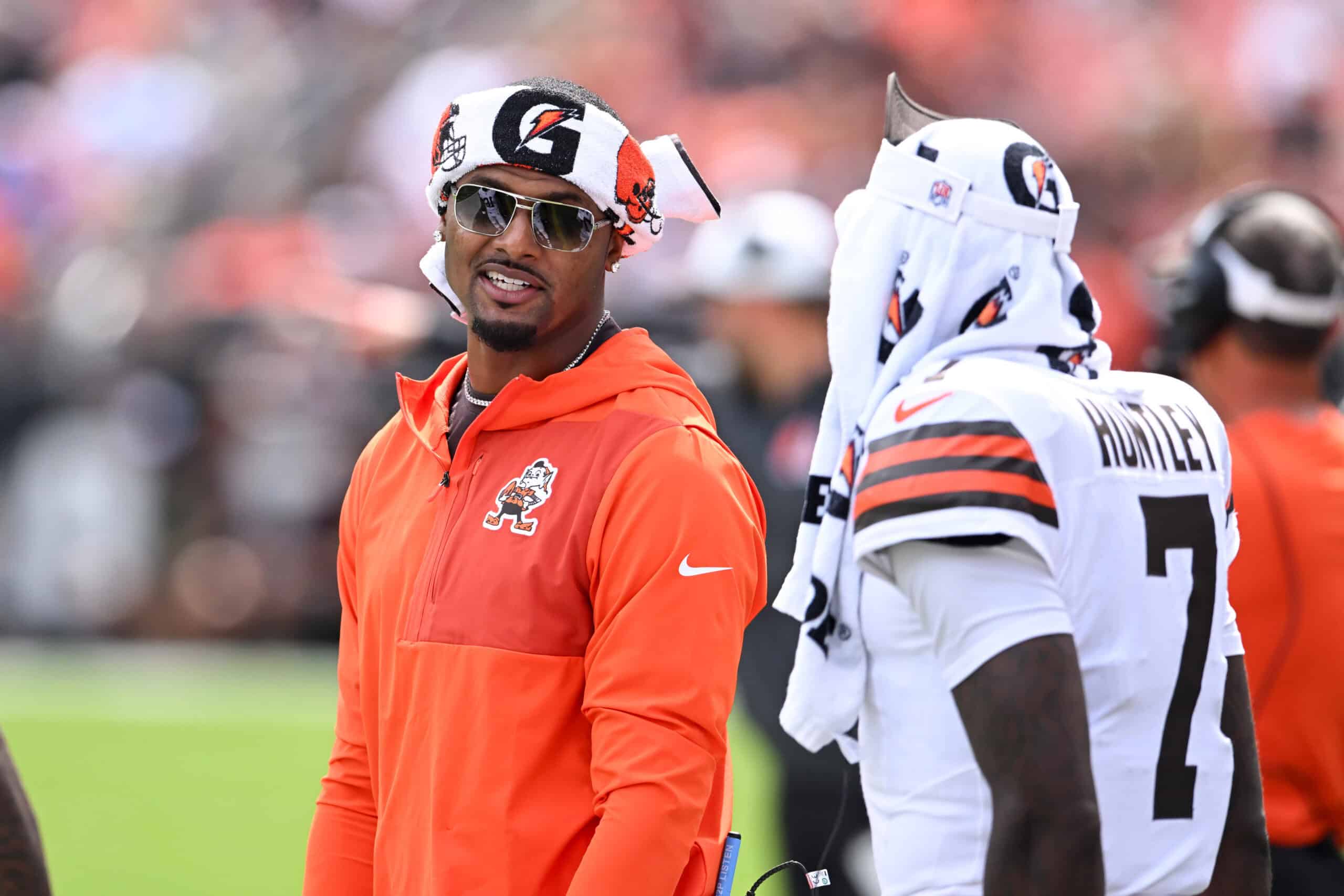 CLEVELAND, OHIO - AUGUST 23: Deshaun Watson #4 of the Cleveland Browns looks on during the third quarter of an NFL Preseason 2025 game against the Los Angeles Rams at Huntington Bank Field on August 23, 2025 in Cleveland, Ohio.