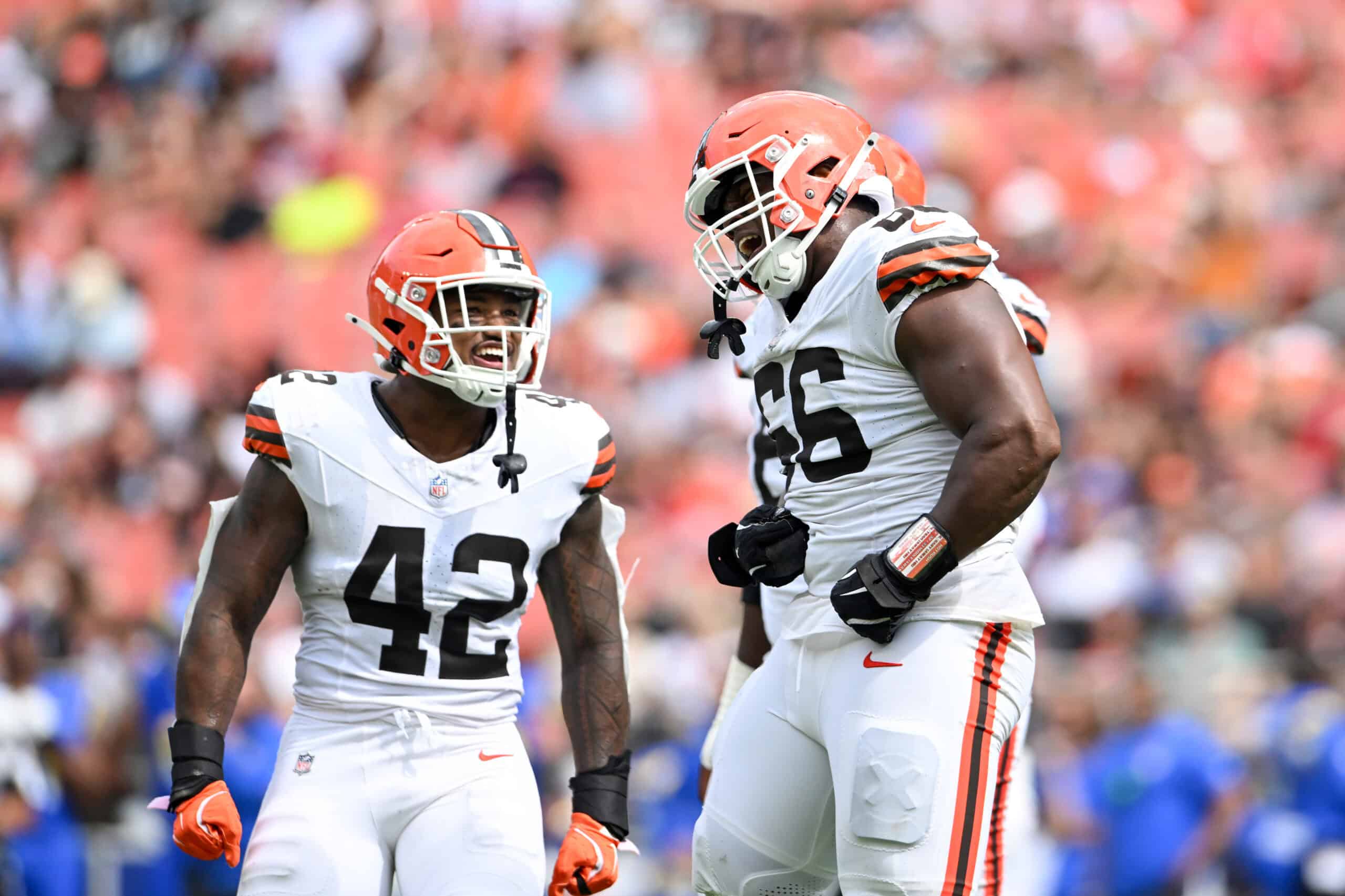CLEVELAND, OHIO - AUGUST 23: Adin Huntington #66 of the Cleveland Browns celebrates a sack during the fourth quarter of an NFL Preseason 2025 game against the Los Angeles Rams at Huntington Bank Field on August 23, 2025 in Cleveland, Ohio.