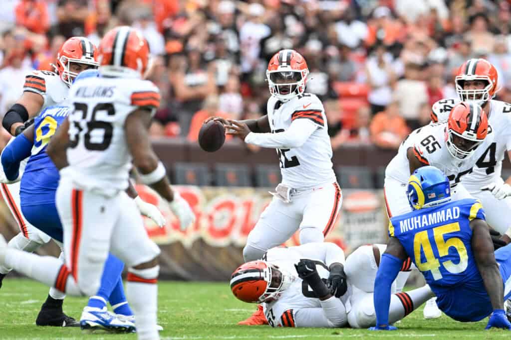CLEVELAND, OHIO - AUGUST 23: Shedeur Sanders #12 of the Cleveland Browns throws a pass during the fourth quarter of an NFL Preseason 2025 game against the Los Angeles Rams at Huntington Bank Field on August 23, 2025 in Cleveland, Ohio.