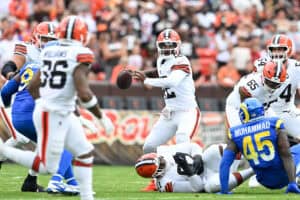 CLEVELAND, OHIO - AUGUST 23: Shedeur Sanders #12 of the Cleveland Browns throws a pass during the fourth quarter of an NFL Preseason 2025 game against the Los Angeles Rams at Huntington Bank Field on August 23, 2025 in Cleveland, Ohio.