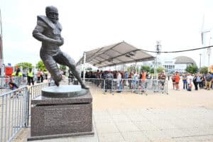 CLEVELAND, OHIO - AUGUST 23: A statue of Cleveland Browns great Jim Brown stands outside Huntington Bank Field before the NFL Preseason 2025 game between Los Angeles Rams and Cleveland Browns on August 23, 2025 in Cleveland, Ohio.