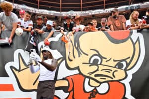 CLEVELAND, OHIO - AUGUST 23: Wide receiver Jerry Jeudy #3 of the Cleveland Browns signs autographs before a NFL Preseason 2025 game between Los Angeles Rams and Cleveland Browns at Huntington Bank Field on August 23, 2025 in Cleveland, Ohio.