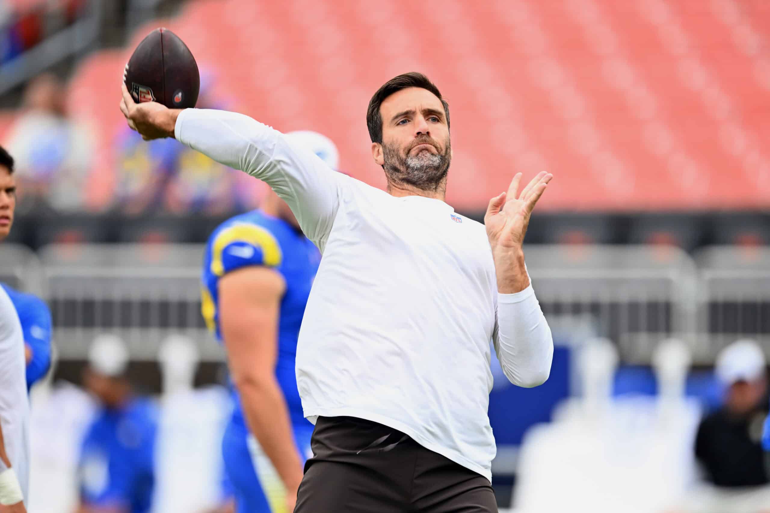 CLEVELAND, OHIO - AUGUST 23: Quarterback Joe Flacco #15 of the Cleveland Browns warms up before an NFL Preseason 2025 game against the Los Angeles Rams at Huntington Bank Field on August 23, 2025 in Cleveland, Ohio.