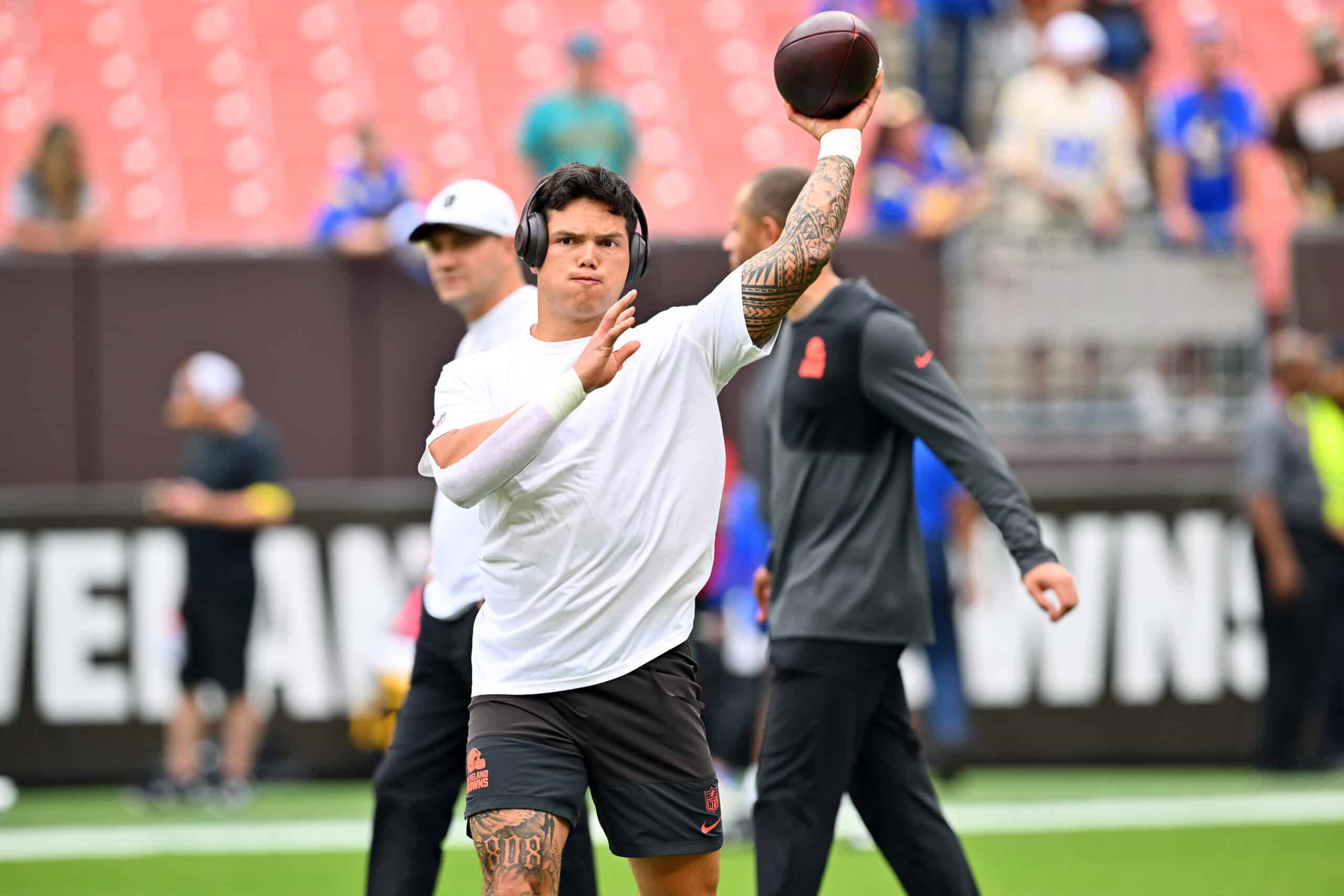 CLEVELAND, OHIO - AUGUST 23: Quarterback Dillon Gabriel #5 of the Cleveland Browns warms up before an NFL Preseason 2025 game against the Los Angeles Rams at Huntington Bank Field on August 23, 2025 in Cleveland, Ohio.