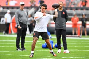 CLEVELAND, OHIO - AUGUST 23: Quarterback Dillon Gabriel #5 of the Cleveland Browns warms up before an NFL Preseason 2025 game against the Los Angeles Rams at Huntington Bank Field on August 23, 2025 in Cleveland, Ohio.