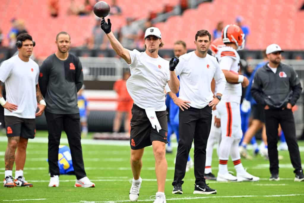 CLEVELAND, OHIO - AUGUST 23: Quarterback Kenny Pickett #8 of the Cleveland Browns warms up before an NFL Preseason 2025 game against the Los Angeles Rams at Huntington Bank Field on August 23, 2025, in Cleveland, Ohio.