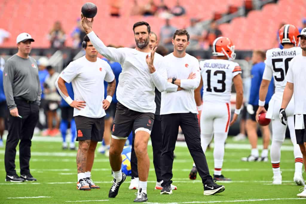 CLEVELAND, OHIO - AUGUST 23: Quarterback Joe Flacco #15 of the Cleveland Browns warms up before an NFL Preseason 2025 game against the Los Angeles Rams at Huntington Bank Field on August 23, 2025 in Cleveland, Ohio.