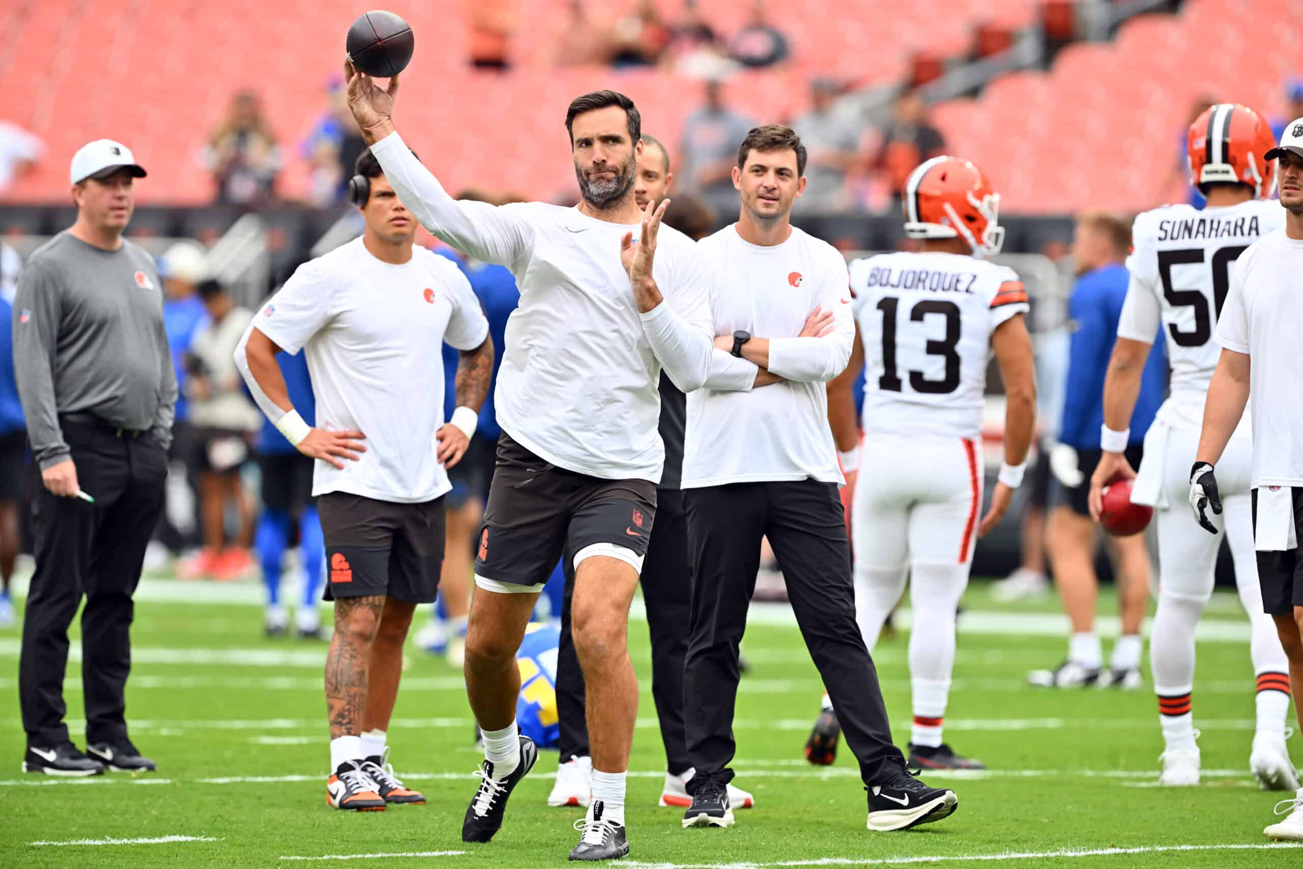 CLEVELAND, OHIO - AUGUST 23: Quarterback Joe Flacco #15 of the Cleveland Browns warms up before an NFL Preseason 2025 game against the Los Angeles Rams at Huntington Bank Field on August 23, 2025 in Cleveland, Ohio.