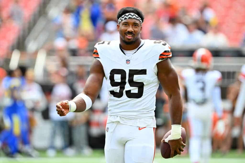 CLEVELAND, OHIO - AUGUST 23: Defensive end Myles Garrett #95 of the Cleveland Browns warms up before an NFL Preseason 2025 game against the Los Angeles Rams at Huntington Bank Field on August 23, 2025 in Cleveland, Ohio.