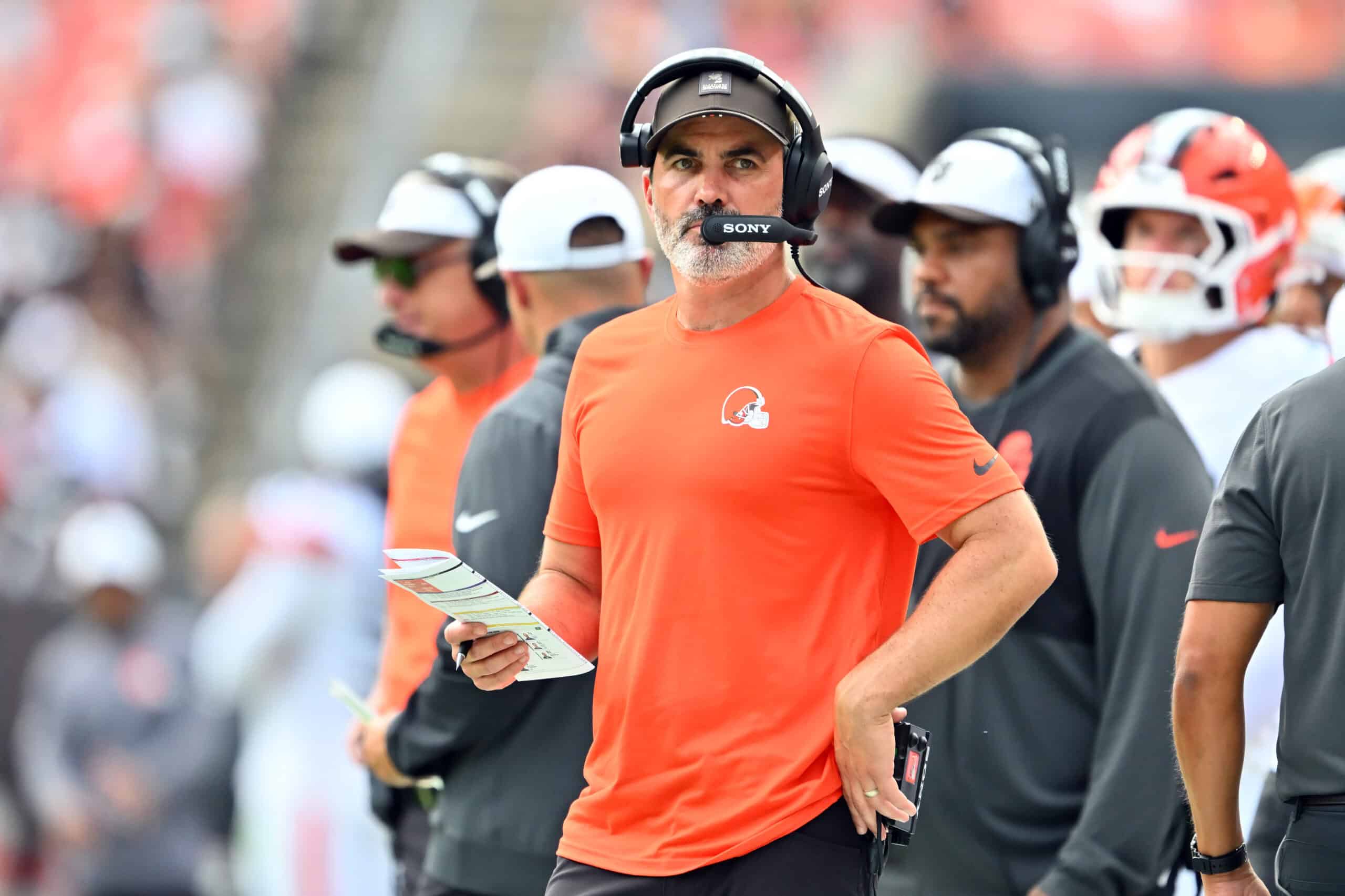 CLEVELAND, OHIO - AUGUST 23: Head coach Kevin Stefanski of the Cleveland Browns watches from the sidelines during the second quarter of an NFL Preseason 2025 game against the Los Angeles Rams at Huntington Bank Field on August 23, 2025 in Cleveland, Ohio