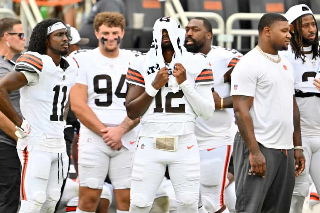 CLEVELAND, OHIO - AUGUST 23: Quarterback Shedeur Sanders #12 of the Cleveland Browns reacts after leaving the game during the fourth quarter of an NFL Preseason 2025 game against the Los Angeles Rams at Huntington Bank Field on August 23, 2025 in Cleveland, Ohio. The Browns defeated the Rams 19-17.