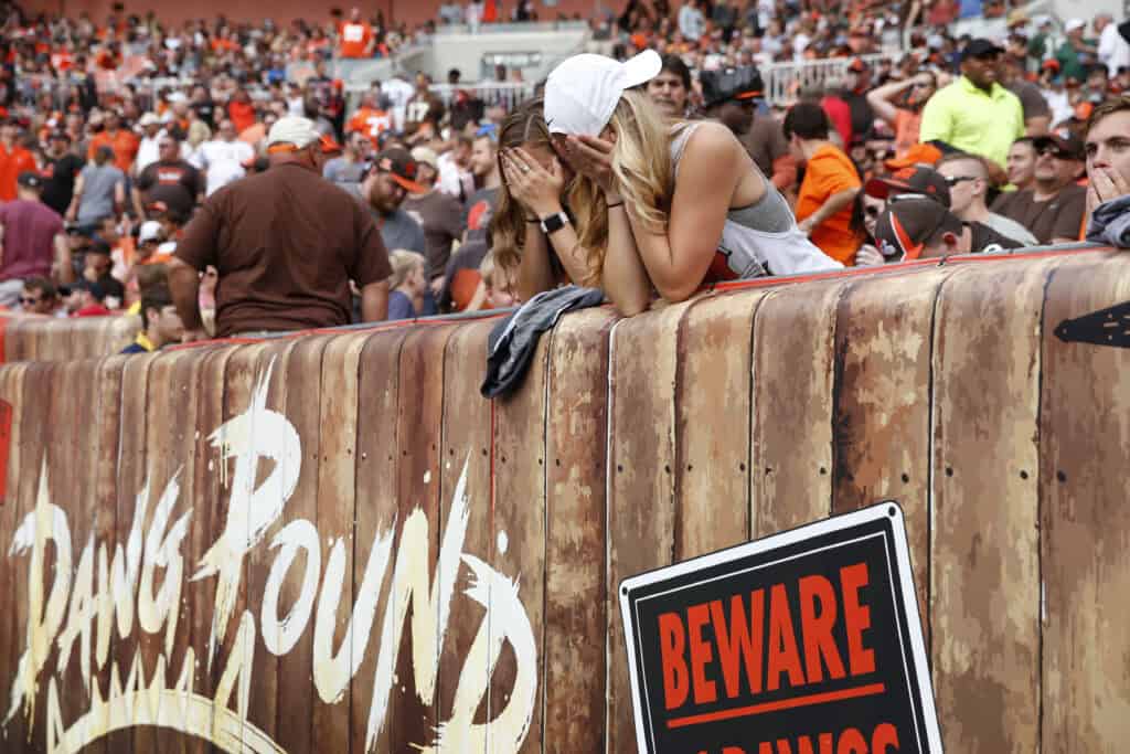 CLEVELAND, OH - OCTOBER 08: Cleveland Browns fans react to a missed field goal in the second quarter at FirstEnergy Stadium on October 8, 2017 in Cleveland, Ohio.