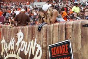 CLEVELAND, OH - OCTOBER 08: Cleveland Browns fans react to a missed field goal in the second quarter at FirstEnergy Stadium on October 8, 2017 in Cleveland, Ohio.