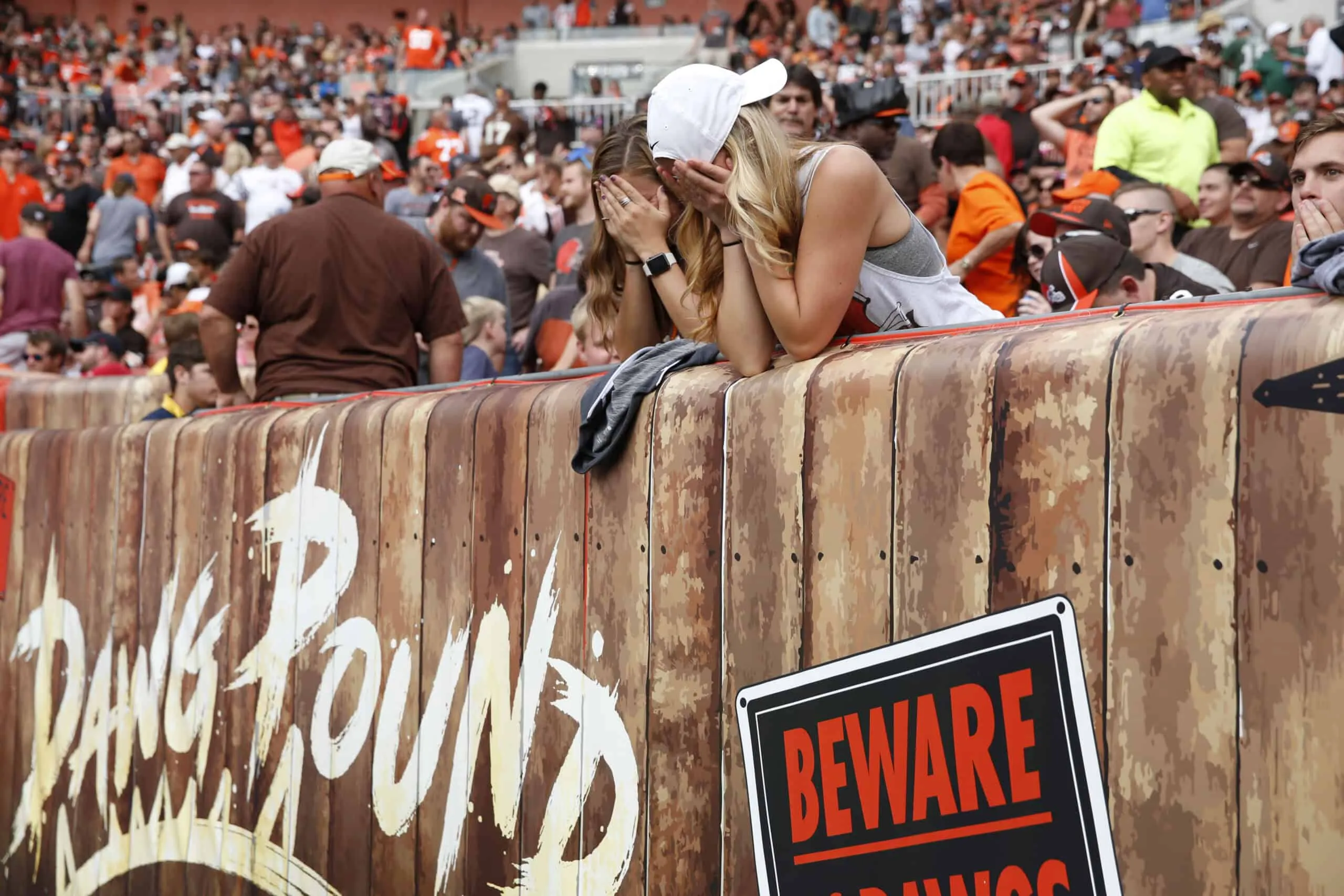 CLEVELAND, OH - OCTOBER 08: Cleveland Browns fans react to a missed field goal in the second quarter at FirstEnergy Stadium on October 8, 2017 in Cleveland, Ohio.