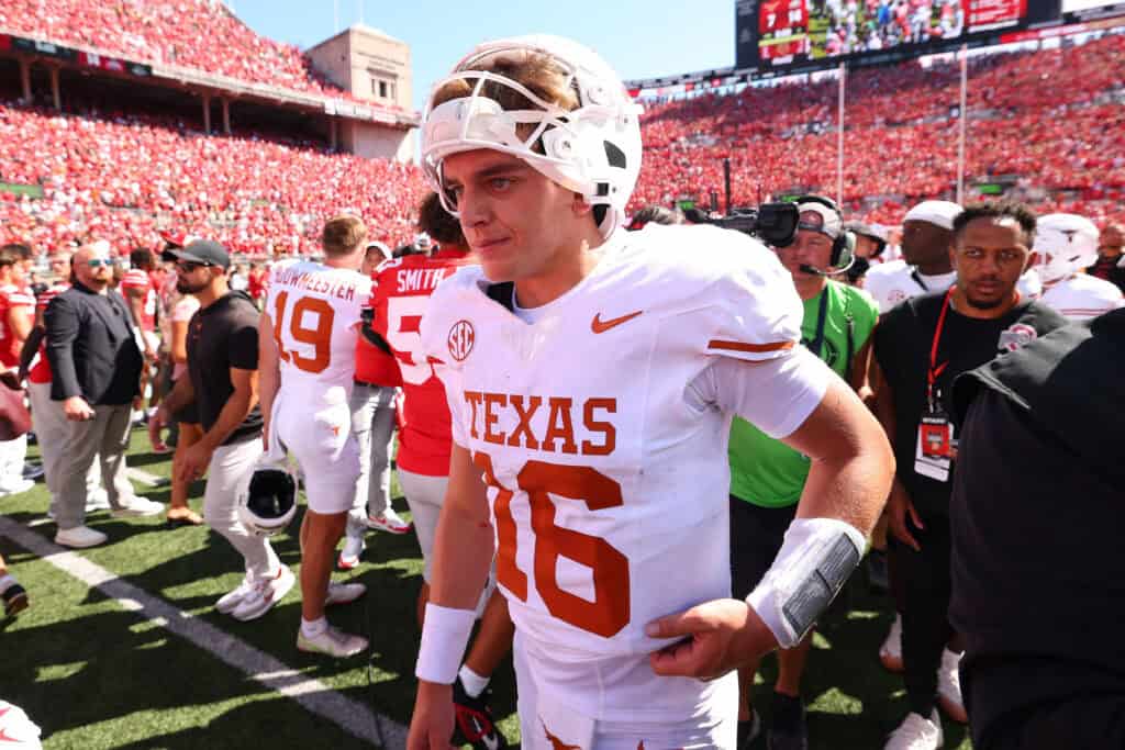COLUMBUS, OHIO - AUGUST 30: Arch Manning #16 of the Texas Longhorns leaves the field after a 14-7 loss to the Ohio State Buckeyes at Ohio Stadium on August 30, 2025 in Columbus, Ohio.