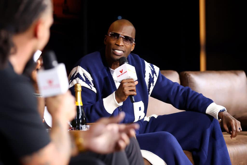 LAS VEGAS, NEVADA - FEBRUARY 08: Chad Ochocinco speaks onstage during The Volume - Nightcap Live Show with Shannon Sharpe and Chad Ochocinco at Redtail on February 08, 2024 in Las Vegas, Nevada.