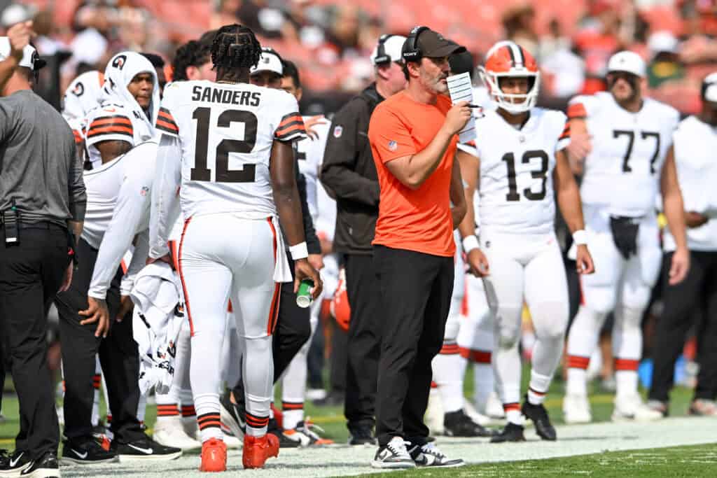 CLEVELAND, OHIO - AUGUST 23: Head coach Kevin Stefanski of the Cleveland Browns looks on during the fourth quarter of an NFL Preseason 2025 game against the Los Angeles Rams at Huntington Bank Field on August 23, 2025 in Cleveland, Ohio.