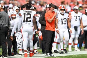 CLEVELAND, OHIO - AUGUST 23: Head coach Kevin Stefanski of the Cleveland Browns looks on during the fourth quarter of an NFL Preseason 2025 game against the Los Angeles Rams at Huntington Bank Field on August 23, 2025 in Cleveland, Ohio.