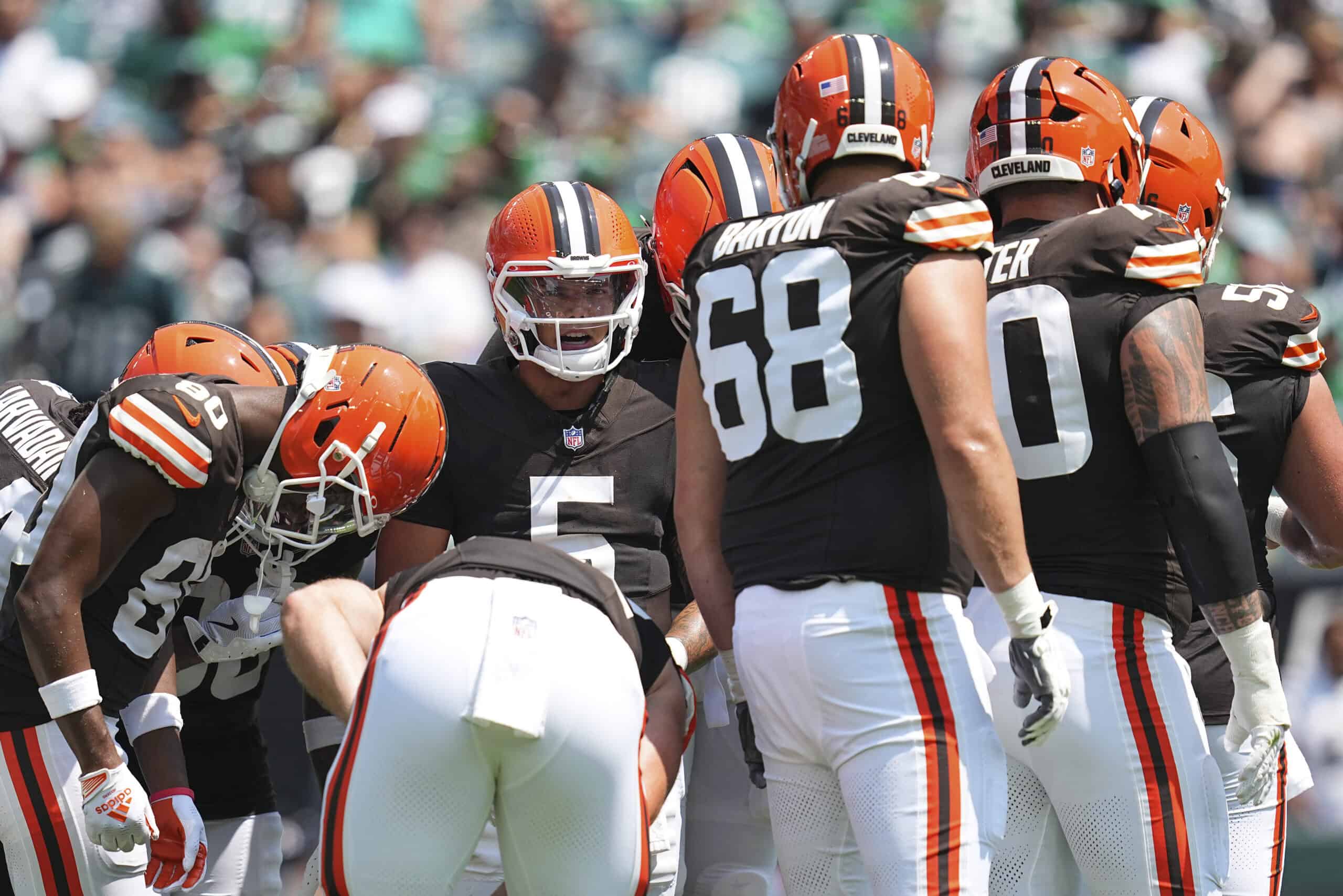 PHILADELPHIA, PENNSYLVANIA - AUGUST 16: Dillon Gabriel #5 of the Cleveland Browns looks on in the huddle against the Philadelphia Eagles in the first half of the NFL Preseason 2025 game at Lincoln Financial Field on August 16, 2025 in Philadelphia, Pennsylvania.