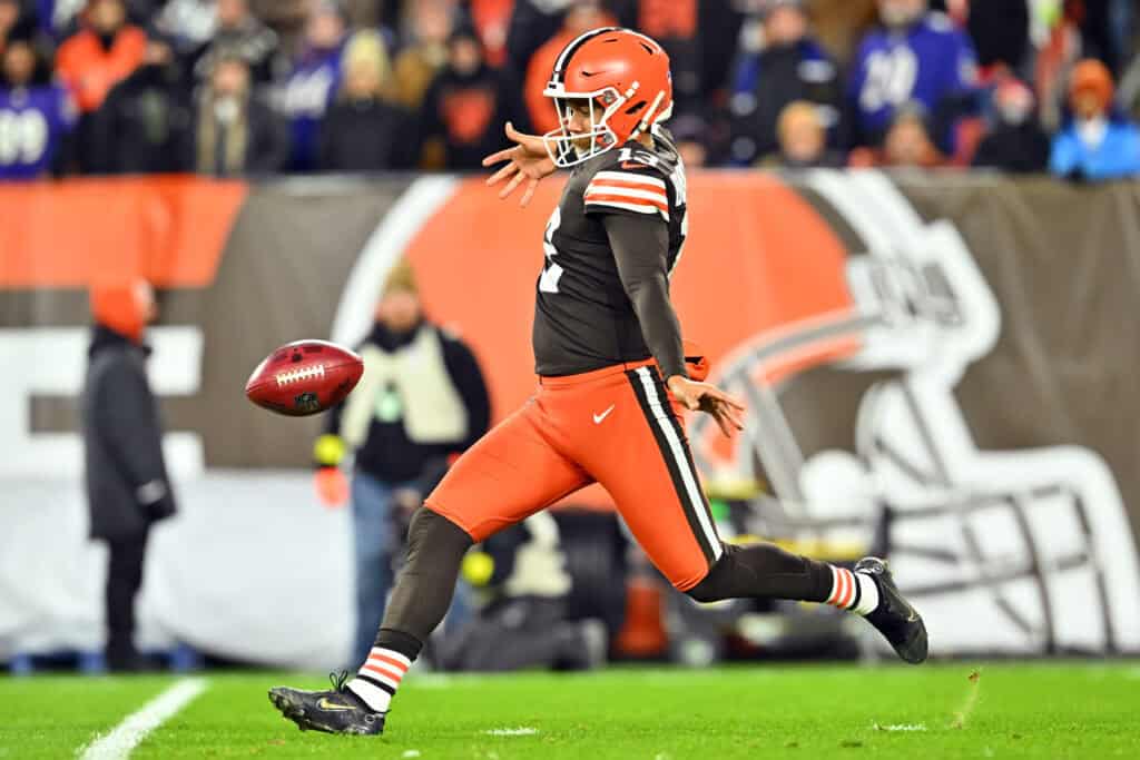 CLEVELAND, OHIO - DECEMBER 17: Corey Bojorquez #13 of the Cleveland Browns punts against the Baltimore Ravens during the second quarter at FirstEnergy Stadium on December 17, 2022 in Cleveland, Ohio.