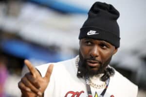 LEBANON, TENNESSEE - JUNE 01: Former NFL player, Dez Bryant attends pre-race ceremonies prior to the NASCAR Cup Series Cracker Barrel 400 at Nashville Superspeedway on June 01, 2025 in Lebanon, Tennessee.