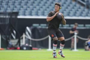 PHILADELPHIA, PENNSYLVANIA - AUGUST 16: Dillon Gabriel #5 of the Cleveland Browns warms up prior to the NFL Preseason 2025 game against the Philadelphia Eagles at Lincoln Financial Field on August 16, 2025 in Philadelphia, Pennsylvania.