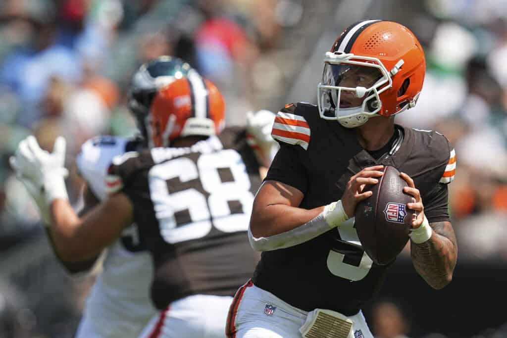 PHILADELPHIA, PENNSYLVANIA - AUGUST 16: Dillon Gabriel #5 of the Cleveland Browns looks to pass against the Philadelphia Eagles in the first half of the NFL Preseason 2025 game at Lincoln Financial Field on August 16, 2025 in Philadelphia, Pennsylvania.
