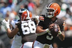 PHILADELPHIA, PENNSYLVANIA - AUGUST 16: Dillon Gabriel #5 of the Cleveland Browns looks to pass against the Philadelphia Eagles in the first half of the NFL Preseason 2025 game at Lincoln Financial Field on August 16, 2025 in Philadelphia, Pennsylvania.