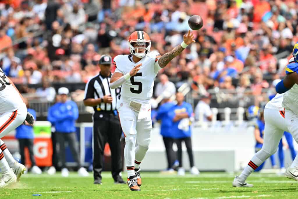 CLEVELAND, OHIO - AUGUST 23: Quarterback Dillon Gabriel #5 of the Cleveland Browns passes during the second quarter of an NFL Preseason 2025 game against the Los Angeles Rams at Huntington Bank Field on August 23, 2025 in Cleveland, Ohio.