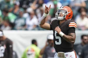 PHILADELPHIA, PENNSYLVANIA - AUGUST 16: Dillon Gabriel #5 of the Cleveland Browns reacts against the Philadelphia Eagles in the first half of the NFL Preseason 2025 game at Lincoln Financial Field on August 16, 2025 in Philadelphia, Pennsylvania.