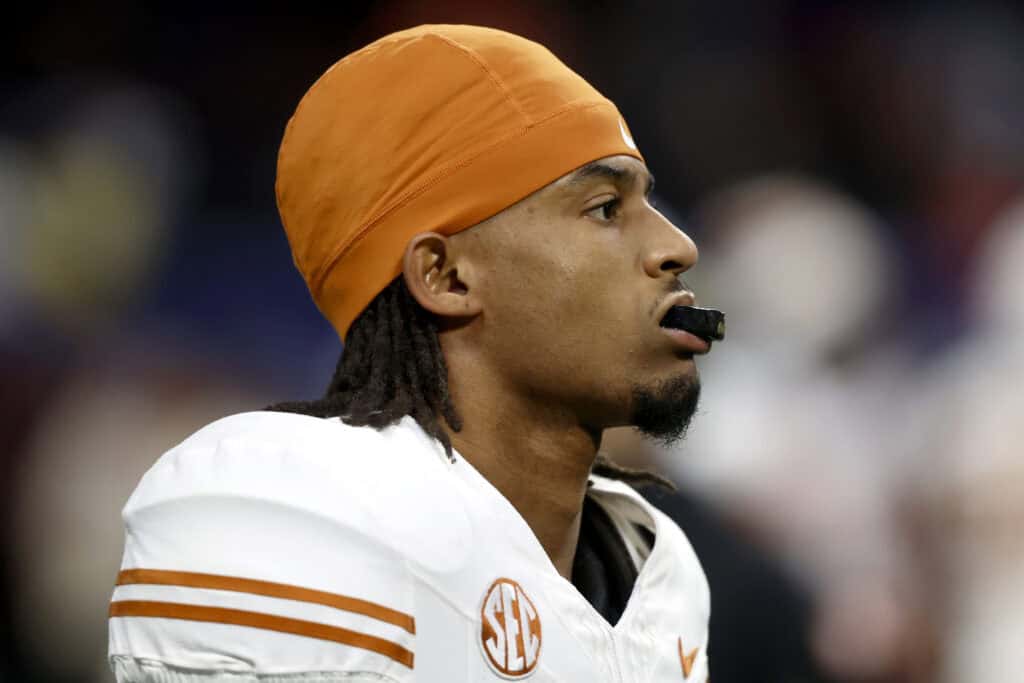 ATLANTA, GEORGIA - DECEMBER 07: Isaiah Bond #7 of the Texas Longhorns looks on prior to the 2024 SEC Championship against the Georgia Bulldogs at Mercedes-Benz Stadium on December 07, 2024 in Atlanta, Georgia.