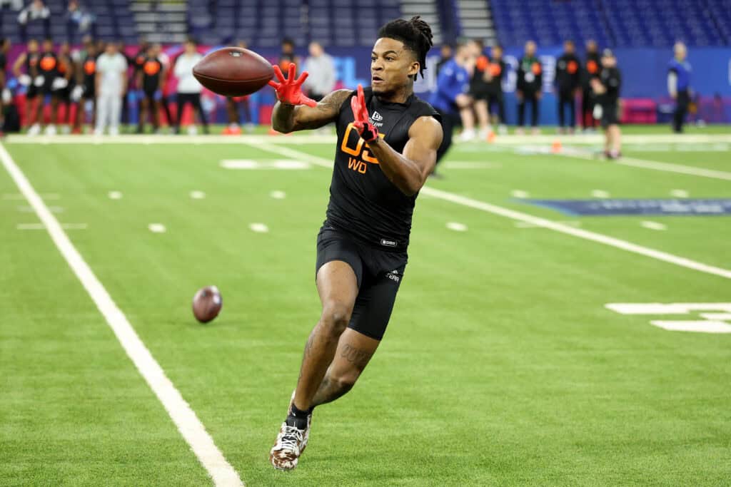 INDIANAPOLIS, INDIANA - MARCH 01: Isaiah Bond #WO05 of Texas participates in a drill during the NFL Scouting Combine at Lucas Oil Stadium on March 01, 2025 in Indianapolis, Indiana.