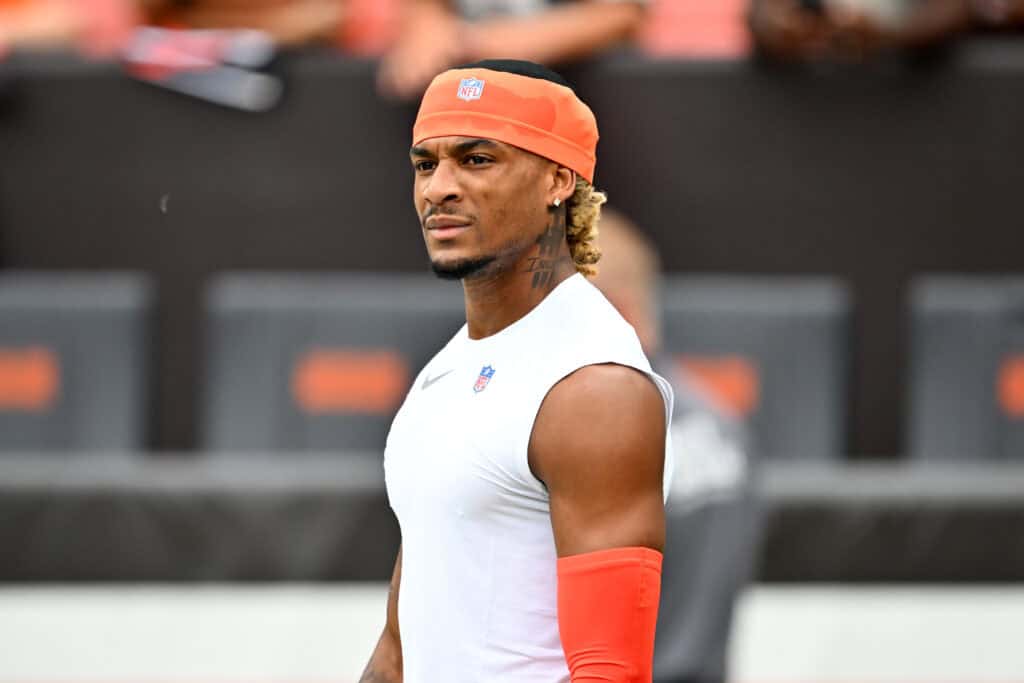 CLEVELAND, OHIO - AUGUST 23: Wide receiver Isaiah Bond #81 of the Cleveland Browns embraces a teammate before an NFL Preseason 2025 game against the Los Angeles Rams at Huntington Bank Field on August 23, 2025 in Cleveland, Ohio.