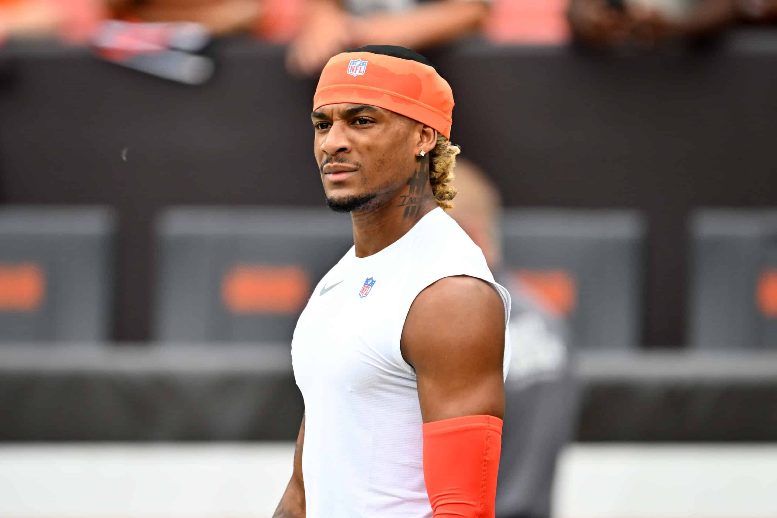 CLEVELAND, OHIO - AUGUST 23: Wide receiver Isaiah Bond #81 of the Cleveland Browns embraces a teammate before an NFL Preseason 2025 game against the Los Angeles Rams at Huntington Bank Field on August 23, 2025 in Cleveland, Ohio.