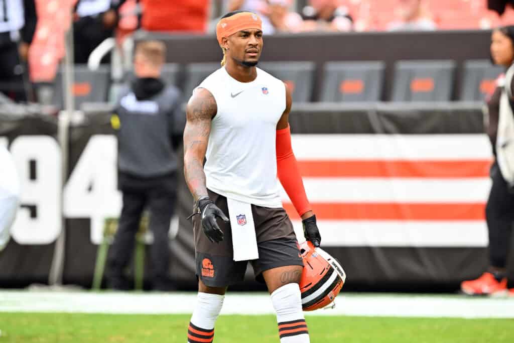 CLEVELAND, OHIO - AUGUST 23: Wide receiver Isaiah Bond #81 of the Cleveland Browns warms up before an NFL Preseason 2025 game between Los Angeles Rams and Cleveland Browns at Huntington Bank Field on August 23, 2025 in Cleveland, Ohio.