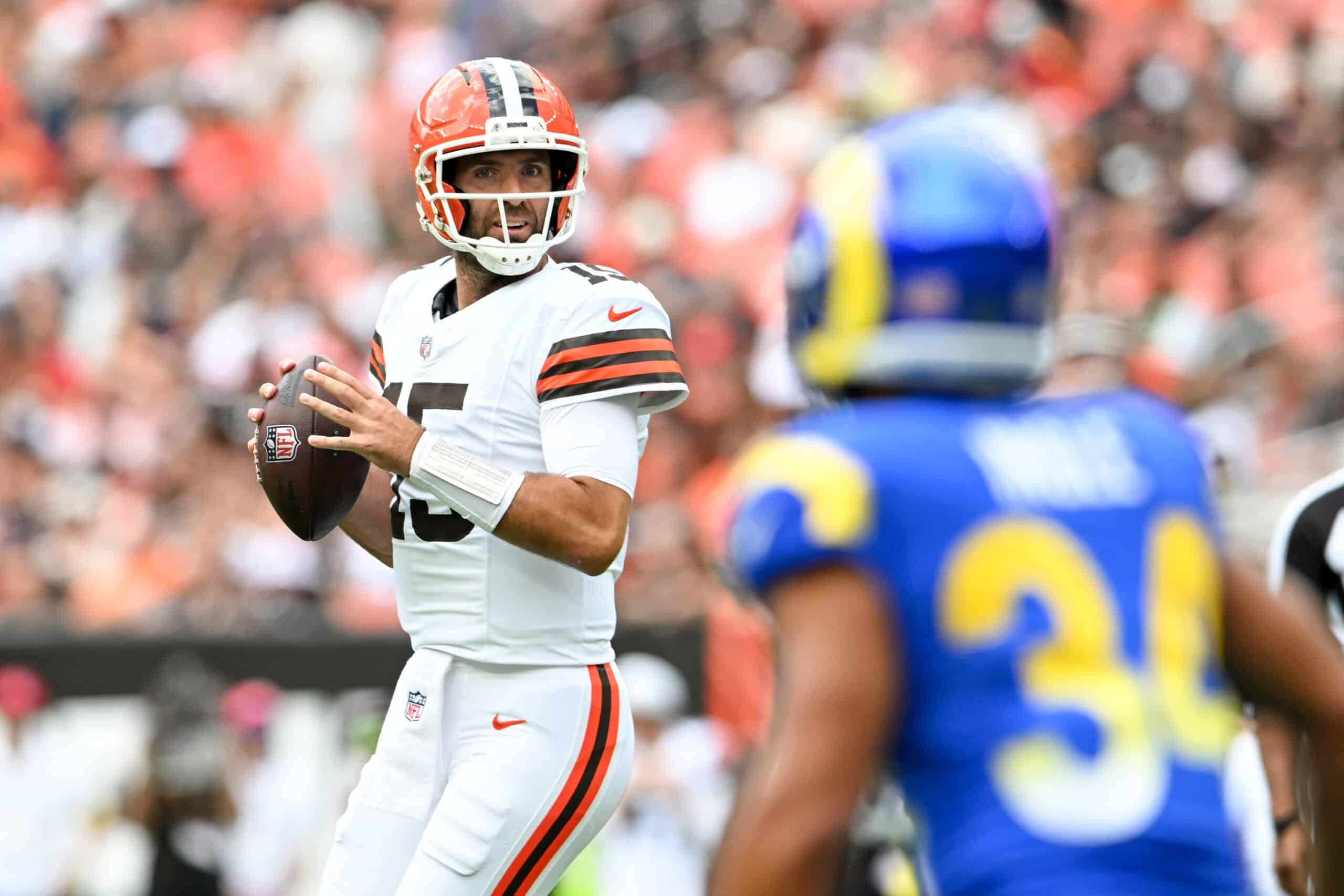 CLEVELAND, OHIO - AUGUST 23: Joe Flacco #15 of the Cleveland Browns looks to pass during the first quarter of an NFL Preseason 2025 game against the Los Angeles Rams at Huntington Bank Field on August 23, 2025 in Cleveland, Ohio.