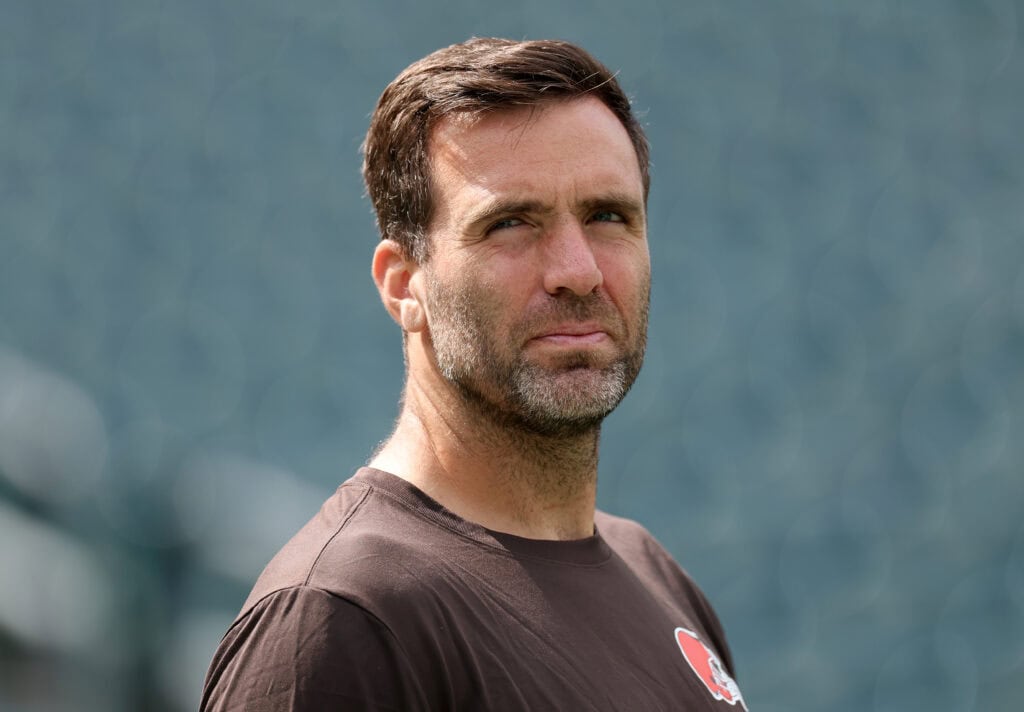 PHILADELPHIA, PENNSYLVANIA - AUGUST 16: Joe Flacco #15 of the Cleveland Browns looks on during warm ups before the NFL Preseason 2025 game between Cleveland Browns and Philadelphia Eagles at Lincoln Financial Field on August 16, 2025 in Philadelphia, Pennsylvania.