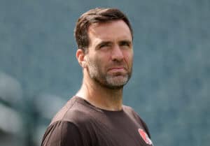 PHILADELPHIA, PENNSYLVANIA - AUGUST 16: Joe Flacco #15 of the Cleveland Browns looks on during warm ups before the NFL Preseason 2025 game between Cleveland Browns and Philadelphia Eagles at Lincoln Financial Field on August 16, 2025 in Philadelphia, Pennsylvania.