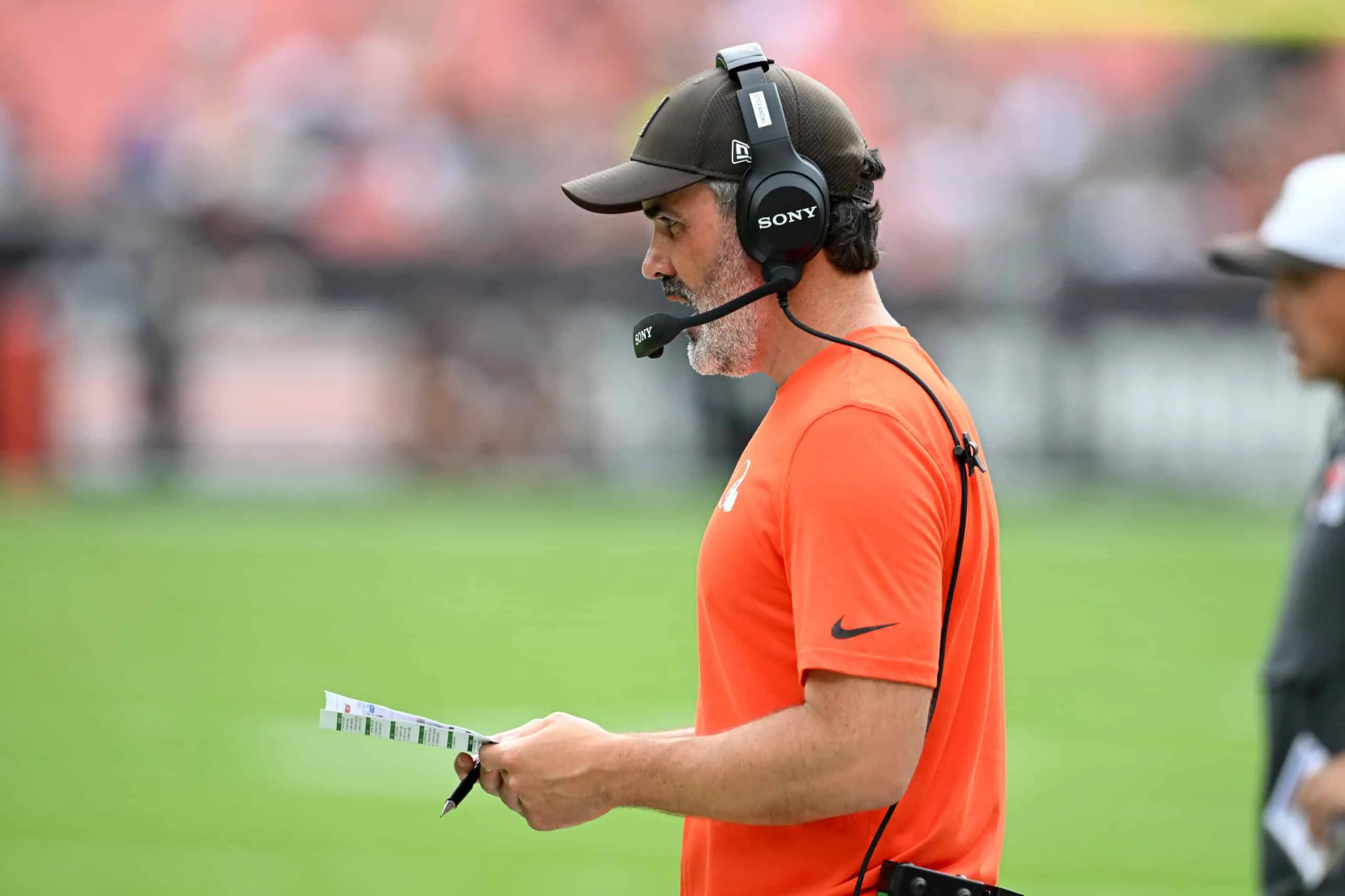 CLEVELAND, OHIO - AUGUST 23: Head coach Kevin Stefanski of the Cleveland Browns looks on during the fourth quarter of an NFL Preseason 2025 game against the Los Angeles Rams at Huntington Bank Field on August 23, 2025 in Cleveland, Ohio.