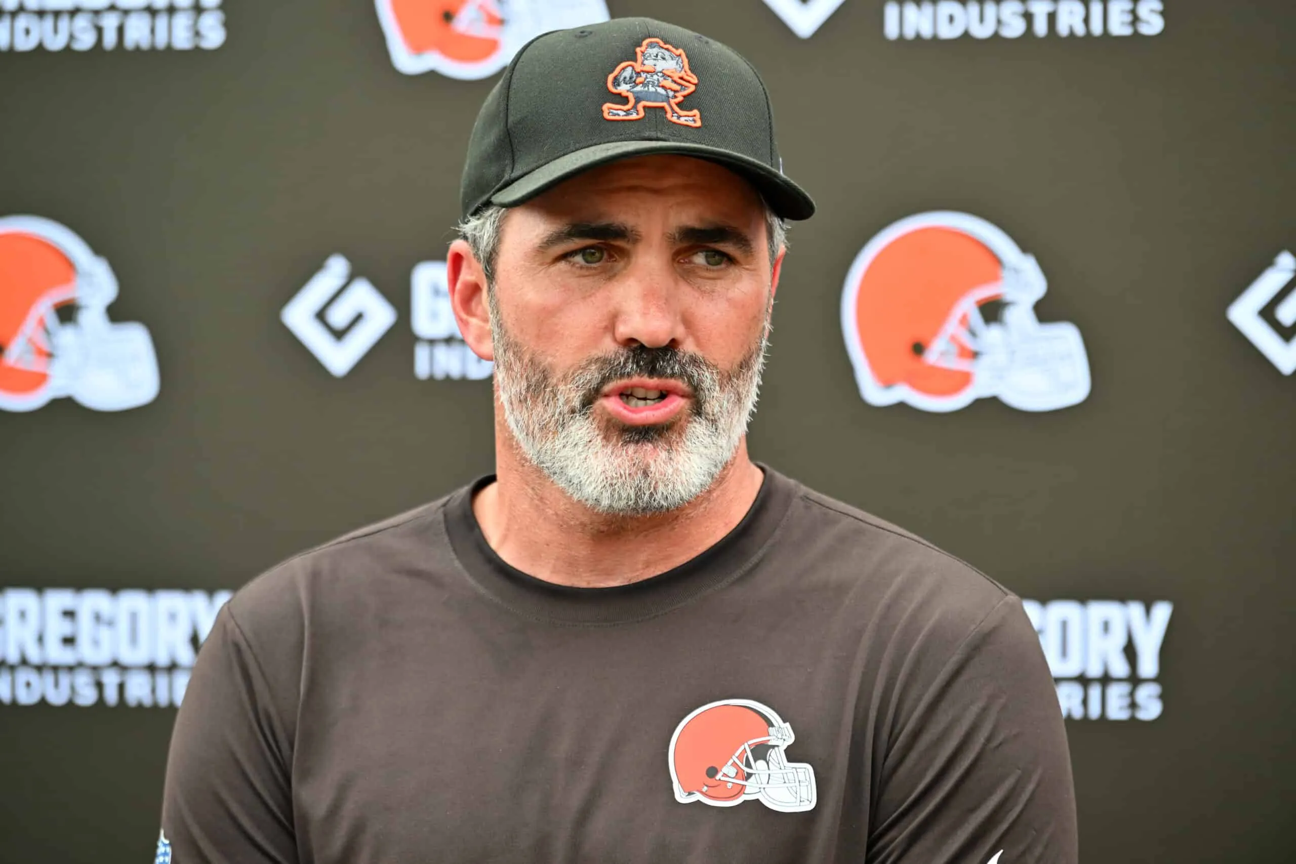 BEREA, OHIO - JULY 25: Head coach Kevin Stefanski of the Cleveland Browns talks to reporters during training camp at CrossCountry Mortgage Campus on July 25, 2025 in Berea, Ohio.