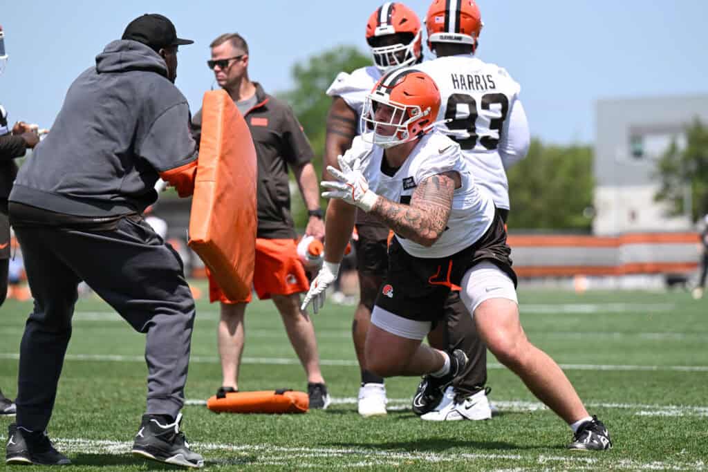 BEREA, OHIO - JUNE 10: Mason Graham #94 of the Cleveland Browns runs a drill during Cleveland Browns mandatory minicamp at CrossCountry Mortgage Campus on June 10, 2025 in Berea, Ohio.