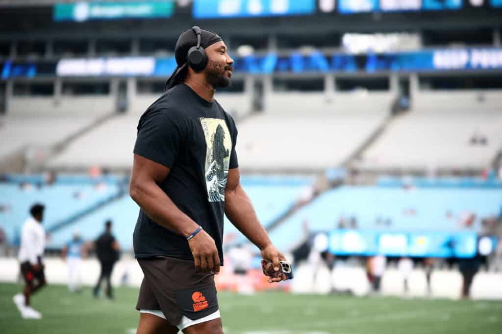 CHARLOTTE, NORTH CAROLINA - AUGUST 08: Defensive end Myles Garrett #95 of the Cleveland Browns looks on prior to the NFL Preseason 2025 game against the Carolina Panthers at Bank of America Stadium on August 08, 2025 in Charlotte, North Carolina.