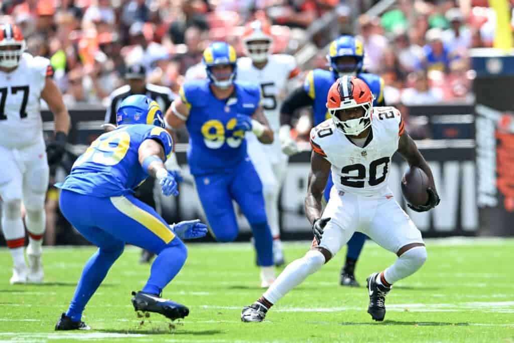 CLEVELAND, OHIO - AUGUST 23: Pierre Strong Jr. #20 of the Cleveland Browns carries the ball during the first quarter of an NFL Preseason 2025 game against the Los Angeles Rams at Huntington Bank Field on August 23, 2025 in Cleveland, Ohio.